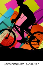 Cyclist active man bicycle riders in abstract sport landscape background illustration vector