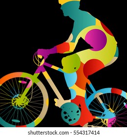 Cyclist active man bicycle riders in abstract sport landscape circle background illustration vector