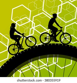 Cyclist Active Man And Woman Bicycle Riders In Abstract Sport Landscape Background Illustration Vector