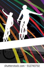 Cyclist active man and woman bicycle riders in abstract sport landscape background illustration vector