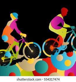 Cyclist active men bicycle riders in abstract sport landscape circle background illustration vector