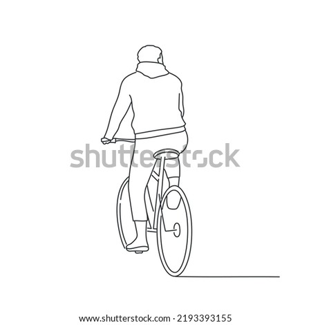 Cyclist back view. A walk on the bike. Hand drawn vector illustration. Black and white.