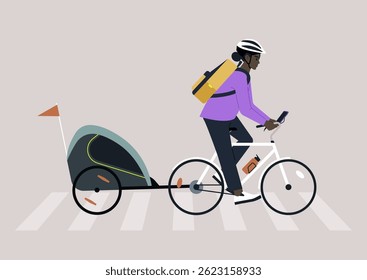 A cyclist with a backpack and helmet rides confidently through a pedestrian crosswalk, pulling a bike trailer, The urban environment sets a dynamic backdrop