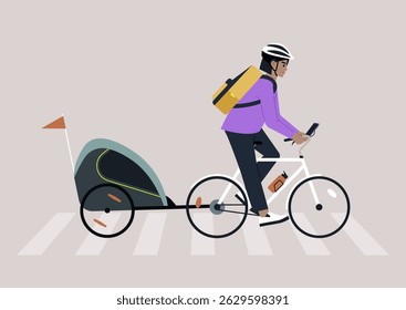 Um ciclista com uma mochila e capacete anda com confiança através de uma faixa de pedestres, puxando um trailer de bicicleta, O ambiente urbano define um cenário dinâmico