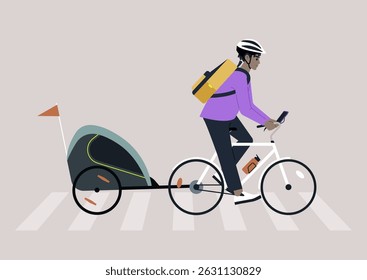 A cyclist with a backpack and helmet rides confidently through a pedestrian crosswalk, pulling a bike trailer, The urban environment sets a dynamic backdrop