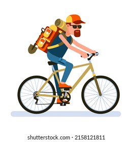Cyclist with backpack. Hiker ride on mountain bike. Vector illustration.