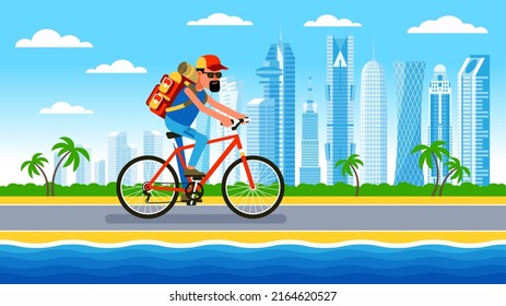 Cyclist with backpack on Arabian city skyscrapers background. Traveling in Qatar. Go Everywhere. Vector illustration