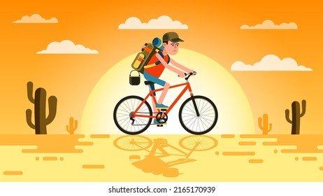 Radfahrer mit Rucksack fahren bei Sonnenuntergang durch die mexikanische Wüste. Extrem touristisch mit dem Fahrrad auf der Reise. Vektorgrafik