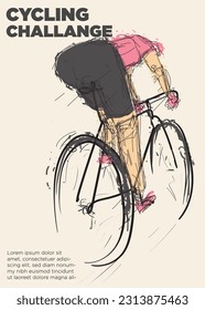 cyclist from behind. cycling challange event poster. distressed dry brush vector illustration