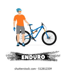 The cyclist with a bicycle on a white background with the inscription "Enduro" below. Equipment and bike for "Enduro".