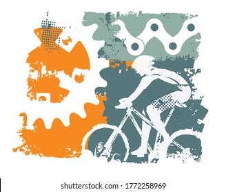 Cyclist and bicycle parts bacground.
Colorful grunge stylized illustration with cyclist and bicycle parts. Vector available. 