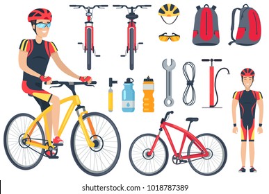 Cyclist and bicycle, tools set and icons of bottles, backpack and helmet with glasses, sport and leisure of man, vector illustration. Bicycle tools isolated on white