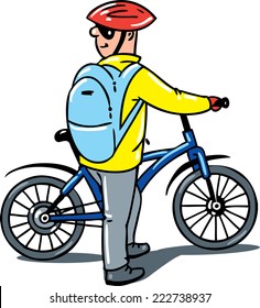 Cyclist with a bike. Children vector illustration.