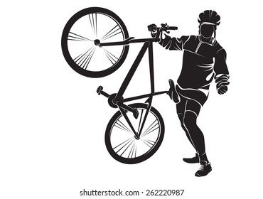 Cyclist with bike. Vector silhouette on white