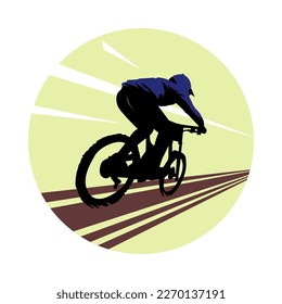 Radfahrer, Biker-Rückansicht. Extremsportkonzept, Abfahrt, Reiter, Racer. Vektorgrafik. Das Design eignet sich für T-Shirt, Aufkleber, Druck, Poster, Geschenk, etc.