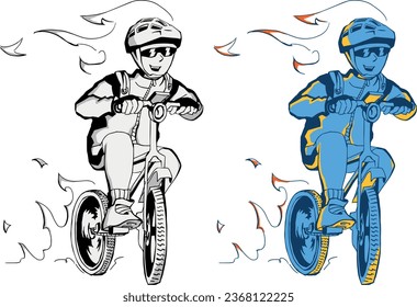 Cyclist biker character: aflame speed rider. Divided into layers for further painting. Isolated. Has an example of painting on artboard. Сharacter makes a series of plot drawings in the same style