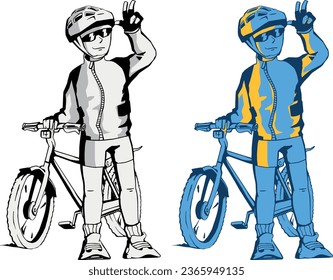 Cyclist biker character. Divided into layers for further painting. Isolated. Has an example of painting on the artboard. The character makes a series of plot drawings in the same style.