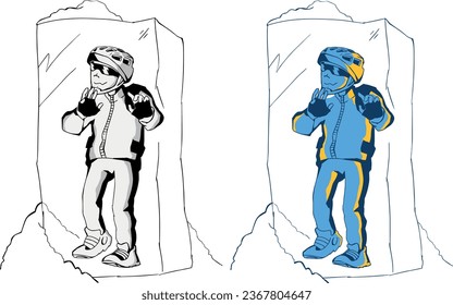 Cyclist biker character: frozen. Divided into layers for further painting. Isolated. Has an example of painting on artboard. Сharacter makes a series of plot drawings in the same style