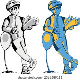 Cyclist biker character: mapmaker. Divided into layers for further painting. Isolated. Has an example of painting on artboard. Сharacter makes a series of plot drawings in the same style