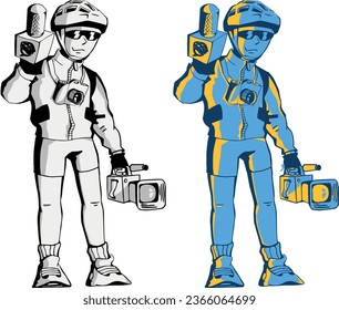 Cyclist biker character: reporter, journalist. Divided into layers for further painting. Isolated. Has example of painting on the artboard. Сharacter makes a series of plot drawings in the same style