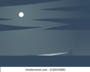 Cyclist or biker at night with headlight vector concept. Active lifestyle, adventure, outdoor symbol. Eps10 illustration.