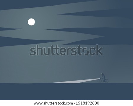 Cyclist or biker at night with headlight vector concept. Active lifestyle, adventure, outdoor symbol. Eps10 illustration.