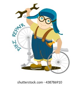 Cyclist Boy. Guy In Blue Overalls And Helmet. Kid With A Wrench And A Disassembled Bicycle. Isolate. Bike Repair Inscription. Vector Illustration