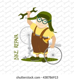 Cyclist Boy. Guy In A Brown Suit And A Green Helmet. Kid With A Wrench And A Disassembled Bicycle.On The Background Of Wrenches. Bike Repair Inscription. Vector Illustration