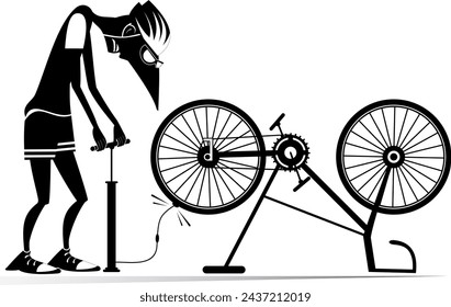 Ciclista y una bicicleta rota. El ciclista infla la rueda. Deportista repara la bicicleta. El ciclista infla la rueda de la bicicleta. Ilustración en blanco y negro