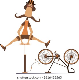 Cyclist and a broken bicycle. Cyclist inflates the wheel. Sportsperson repairs the bicycle. The cyclist inflates the wheel on the bicycle	