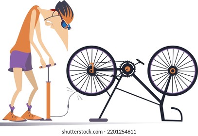 Cyclist And A Broken Bicycle.
Sportsperson Repairs The Bicycle. The Cyclist Inflates The Wheel On The Bicycle. Isolated On White Background
