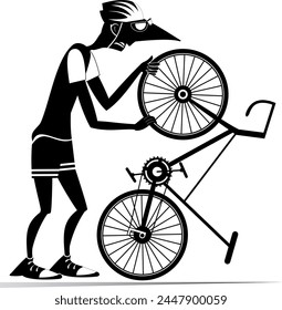 Cyclist and a broken bicycle. Sportsperson repairs the bicycle. 
The cyclist repairs wheel on the bicycle. Black and white illustration
