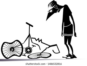 Cyclist And A Broken Bike Isolated Illustration. Sad Cyclist Standing Near A Broken Bike With Downcast Head And Hands Black On White Illustration
