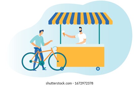 Cyclist Buying Ice cream Flat Vector Illustration. Salesman and Customer Cartoon Characters. Fast Food Kiosk, Stand with Awning. Small Business, Delicious Summer Refreshment Sale. Sweet Snack Stall