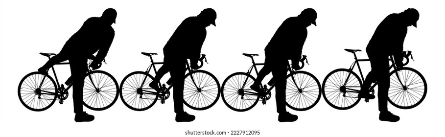 Cyclist in a cap. A man stands with his back to the observer. A man holds his bike in his hands and throws his leg over the frame of the bike. Four black male silhouettes isolated on white background