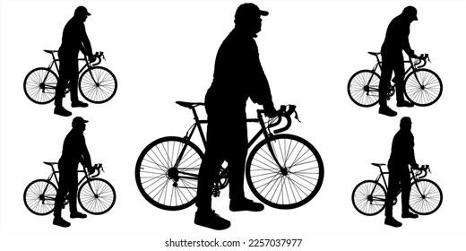 Cyclist in a cap on his head. A person next to a bicycle leads a bicycle with both hands, hold on to the handlebars, and looks around. Side view, profile. Five black male silhouettes isolated on white
