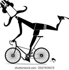 Cyclist. Cartoon man rides a bike. 
Long mustache man in the helmet rides a bike. Black and white illustration
