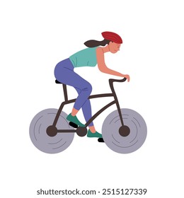 Cyclist in a casual outfit riding a bicycle with a helmet on a smooth path during daylight