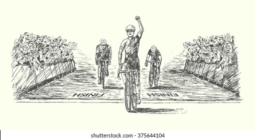 Cyclist Challenge With Winner Crossing Finish Line And Applaud Crowd Of Fans On Background,vintage,hand Drawn Style,isolated,vector,illustration