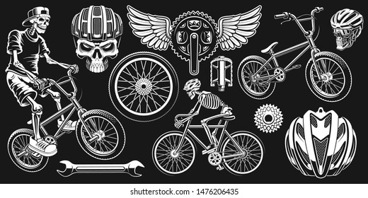 Cyclist clipart. Set of black and white vector illustration for bicycle theme on the dark background.