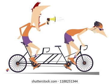 Cyclist and coach rides a tandem bike isolated. Strict trainer with megaphone and cyclist in helmets rides on the tandem bike isolated on white illustration vector 
