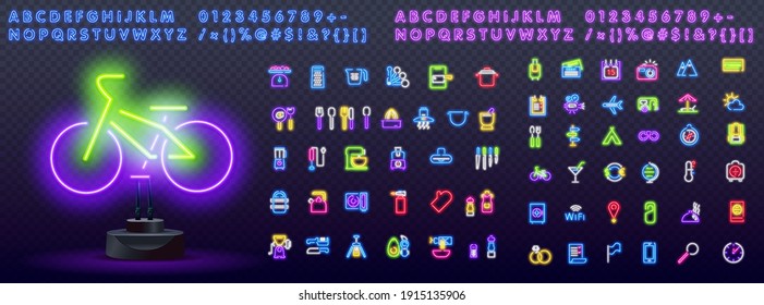 cyclist color neon set. healthy lifestyle neon icons. Healthy food, kitchen icons, walking, travel, tourism of web icons for ui and ux, website or mobile application