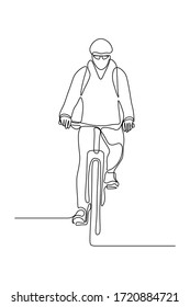 Cyclist in continuous line art drawing style. Man riding bicycle black linear sketch isolated on white background. Vector illustration