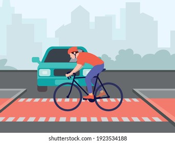 A cyclist crosses the street by bicycle on a bicycle crossing. An adult in sportswear and a helmet crosses the street on a bicycle. City traffic rule. Cyclist Flat vector illustration.