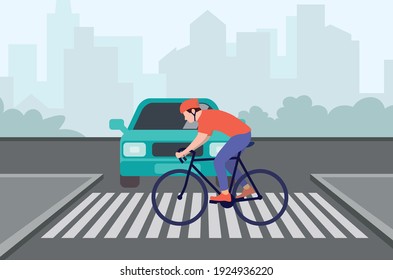 A cyclist crosses the street on a bicycle at a crossing. An adult in sportswear and helmet crosses the street on a bicycle. Rule of urban traffic. Flat vector illustration.