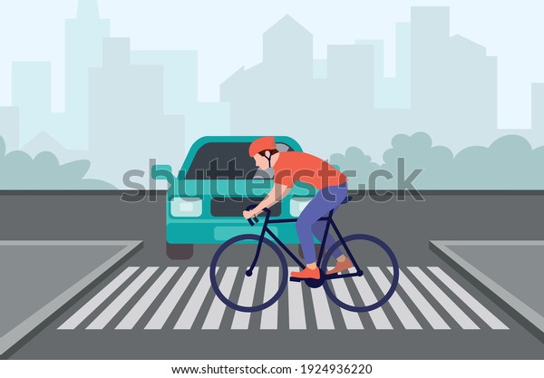 A cyclist\
crosses the street on a bicycle at a crossing. An adult in\
sportswear and helmet crosses the street on a bicycle. Rule of\
urban traffic. Flat vector\
illustration.