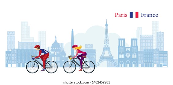 Cyclist Cycling with Paris France Skyline Background Landmarks, Travel and Tourist Attraction