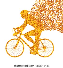 Cyclist cycling sport fast orange vector abstract background concept made of fragments isolated over white