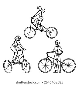 ciclista ciclista mulher vetor. esporte feminino, mountain fitness, cidade feliz ciclista ciclista mulher personagem. pessoas linha preta lápis desenho ilustração