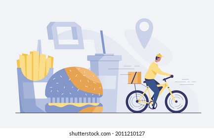 Cyclist delivering food to customers. fast food like a burger. vector illustration